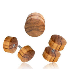 Hand Carved Olive Wood Screw On Fake Cheater Plugs Earrings