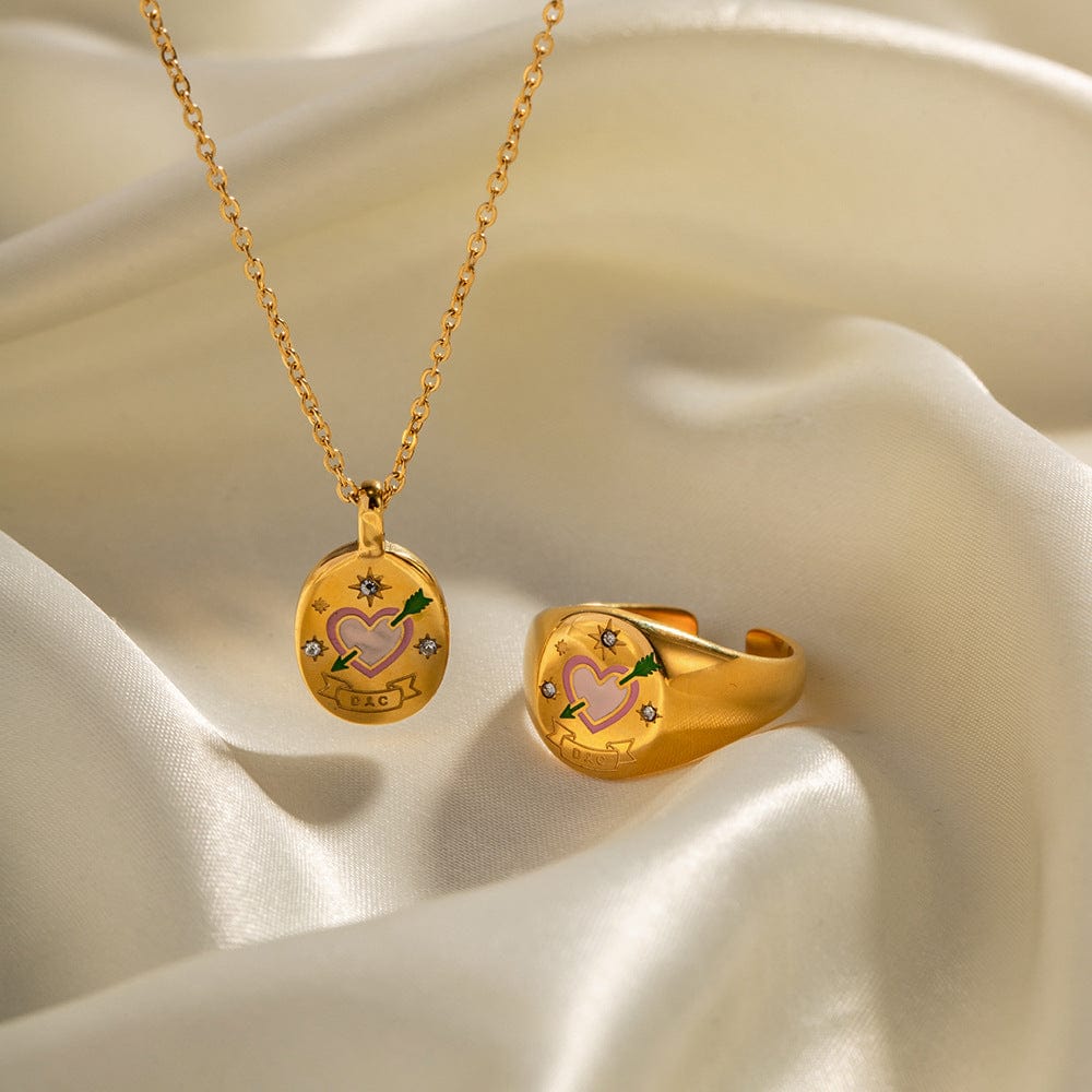 Hand Painted 24K Gold Filled Stainless Steel Arrow Heart Necklace Ring Set
