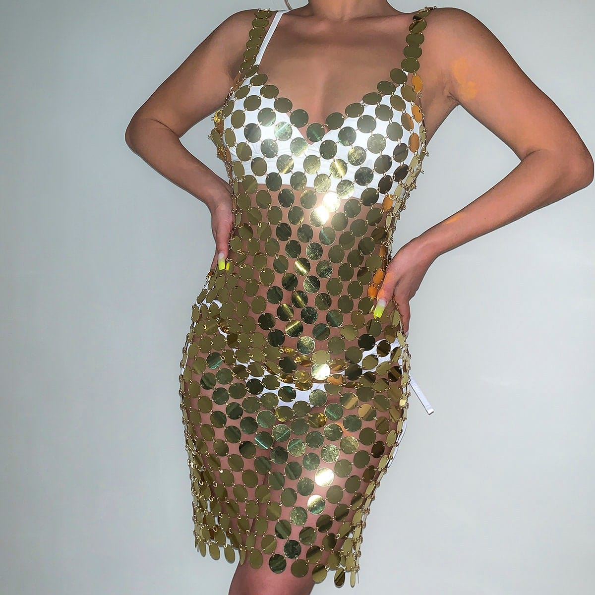 Handmade Glitter Squamous Sequins Patchwork Rave Party Midi Dress