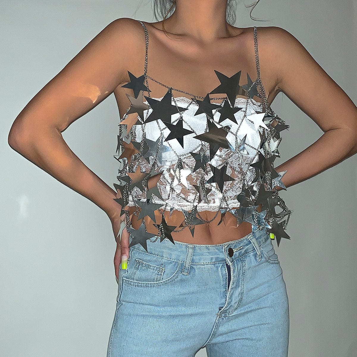 Handmade Hollow Glitter Star Sequins Sleeveless Tank Top