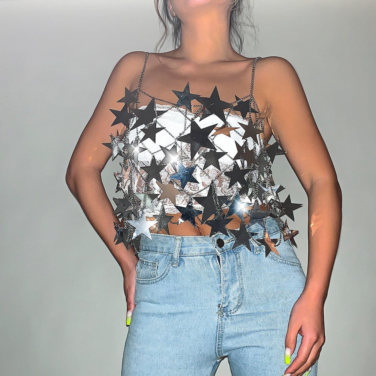 Handmade Hollow Glitter Star Sequins Sleeveless Tank Top