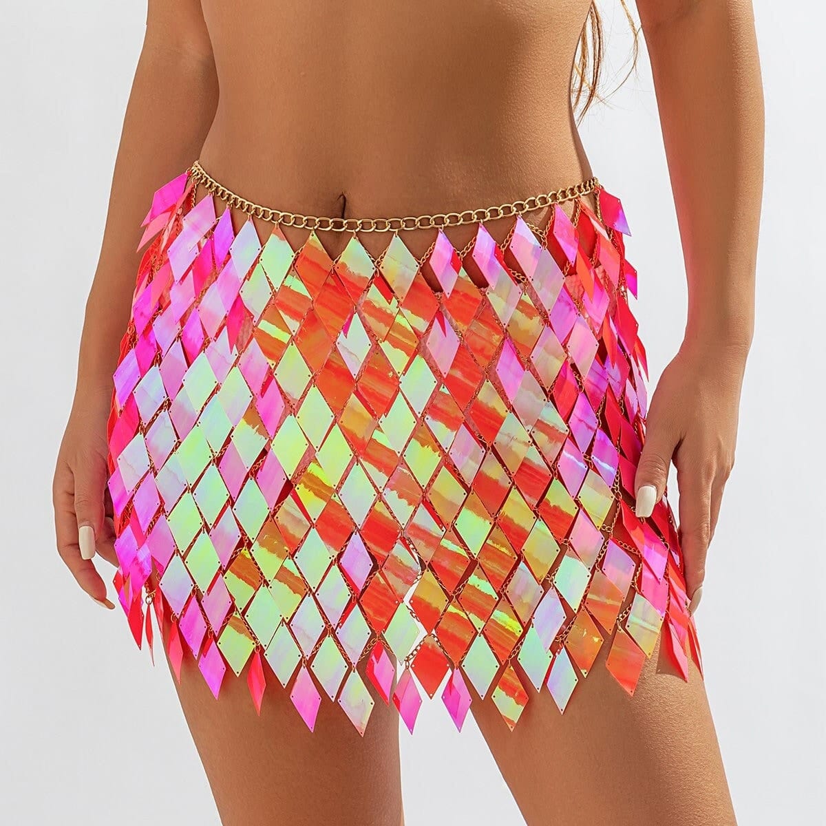 Handmade Orange Rhombic Sequins Patchwork Strappy Nightclub Party Skirt