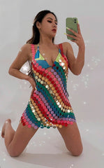 Handmade Rainbow Squamous Sequins Patchwork Nightclub Party Mini Dress