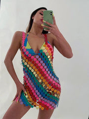 Handmade Rainbow Squamous Sequins Patchwork Nightclub Party Mini Dress