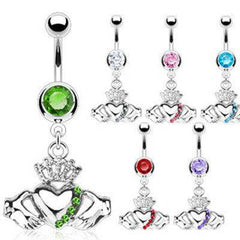 Heart and Crown CZ Gem Claddagh Belly Button Navel RIng