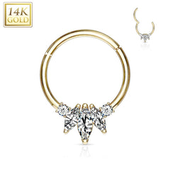 Hinged 14KT Yellow Gold Septum Ring Clicker Hoop with 3 White CZ Marquise Crystals