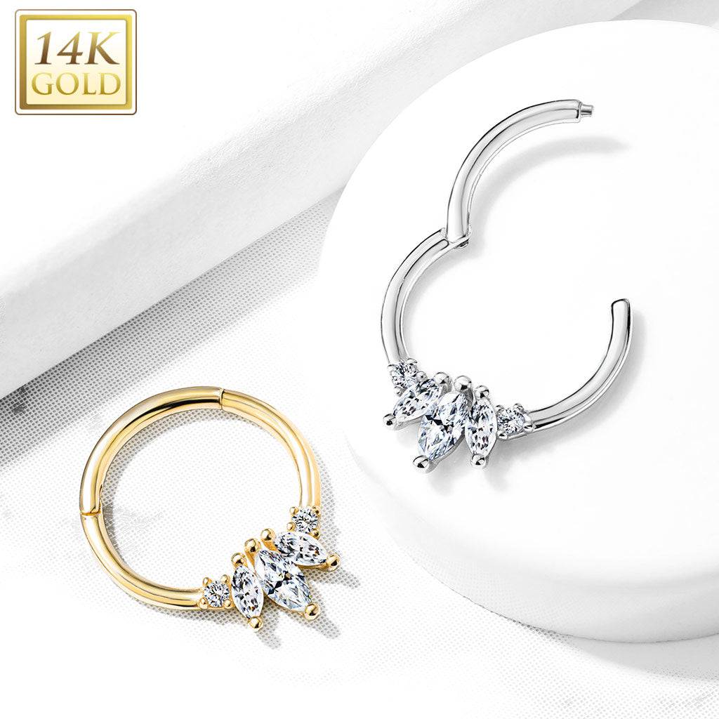 Hinged 14KT Yellow Gold Septum Ring Clicker Hoop with 3 White CZ Marquise Crystals