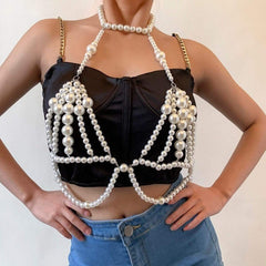 Hollow Beaded Pearl Backless Body Chain Bra