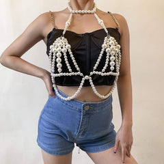 Hollow Beaded Pearl Backless Body Chain Bra