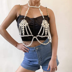 Hollow Beaded Pearl Backless Body Chain Bra