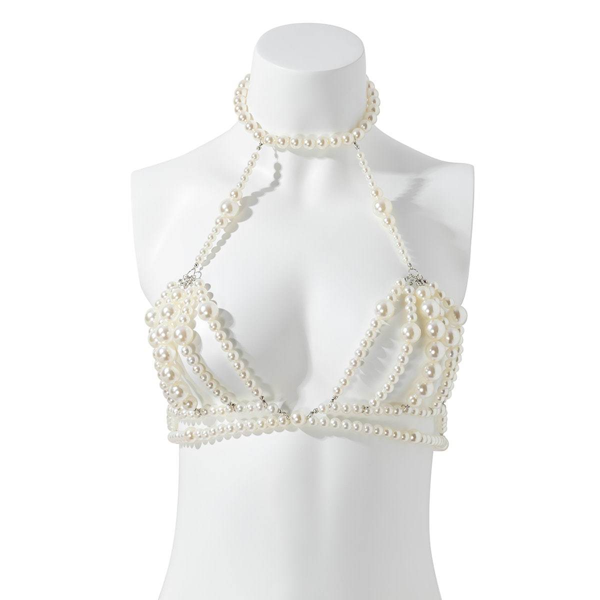 Hollow Beaded Pearl Backless Body Chain Bra