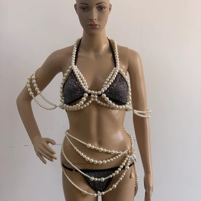 Hollow Chunky Pearl Body Chain Bra