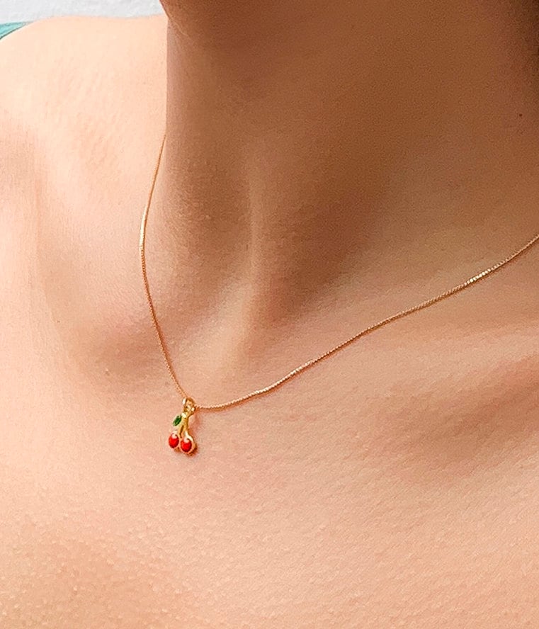 Dainty Enamel Cherry Pendant Box Chain Choker Necklace