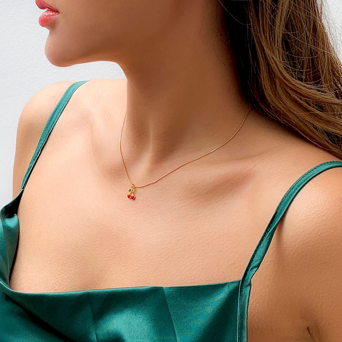 Dainty Enamel Cherry Pendant Box Chain Choker Necklace