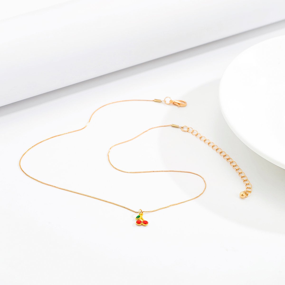 Dainty Enamel Cherry Pendant Box Chain Choker Necklace