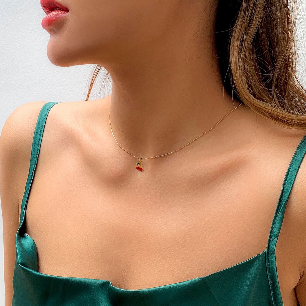 Dainty Enamel Cherry Pendant Box Chain Choker Necklace