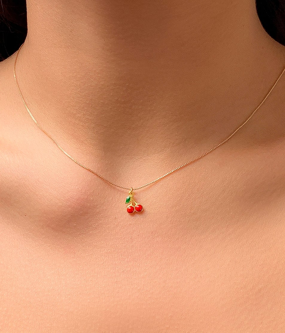 Dainty Enamel Cherry Pendant Box Chain Choker Necklace