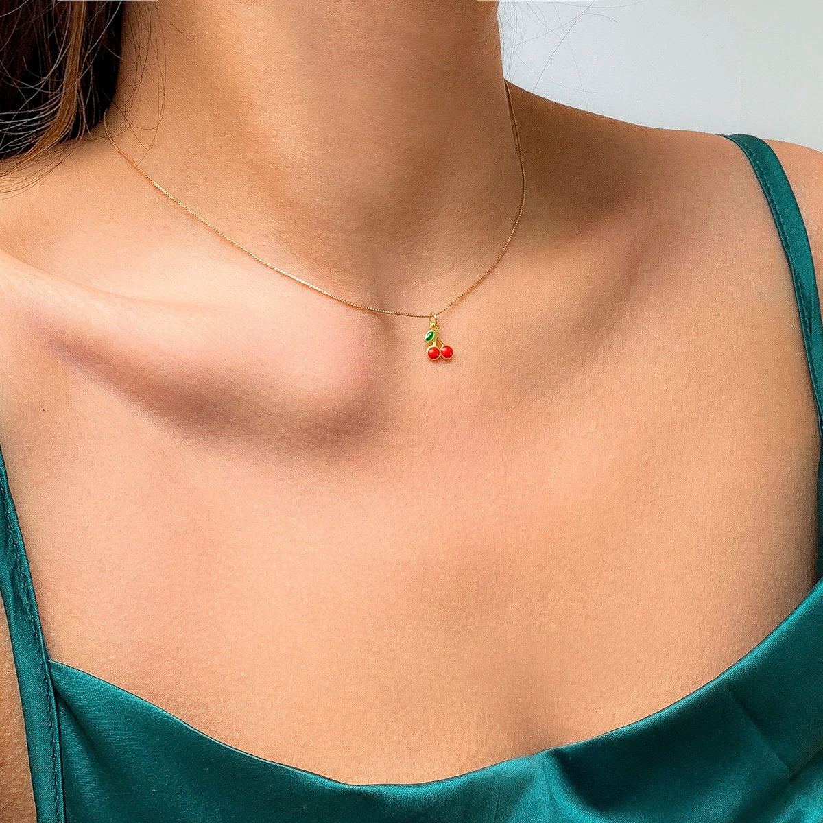 Dainty Enamel Cherry Pendant Box Chain Choker Necklace