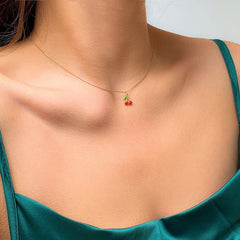 Dainty Enamel Cherry Pendant Box Chain Choker Necklace