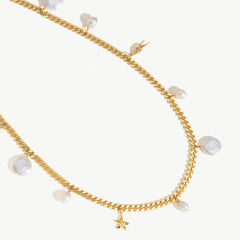 18k Gold Seashell Freshwater Pearl Station Necklace