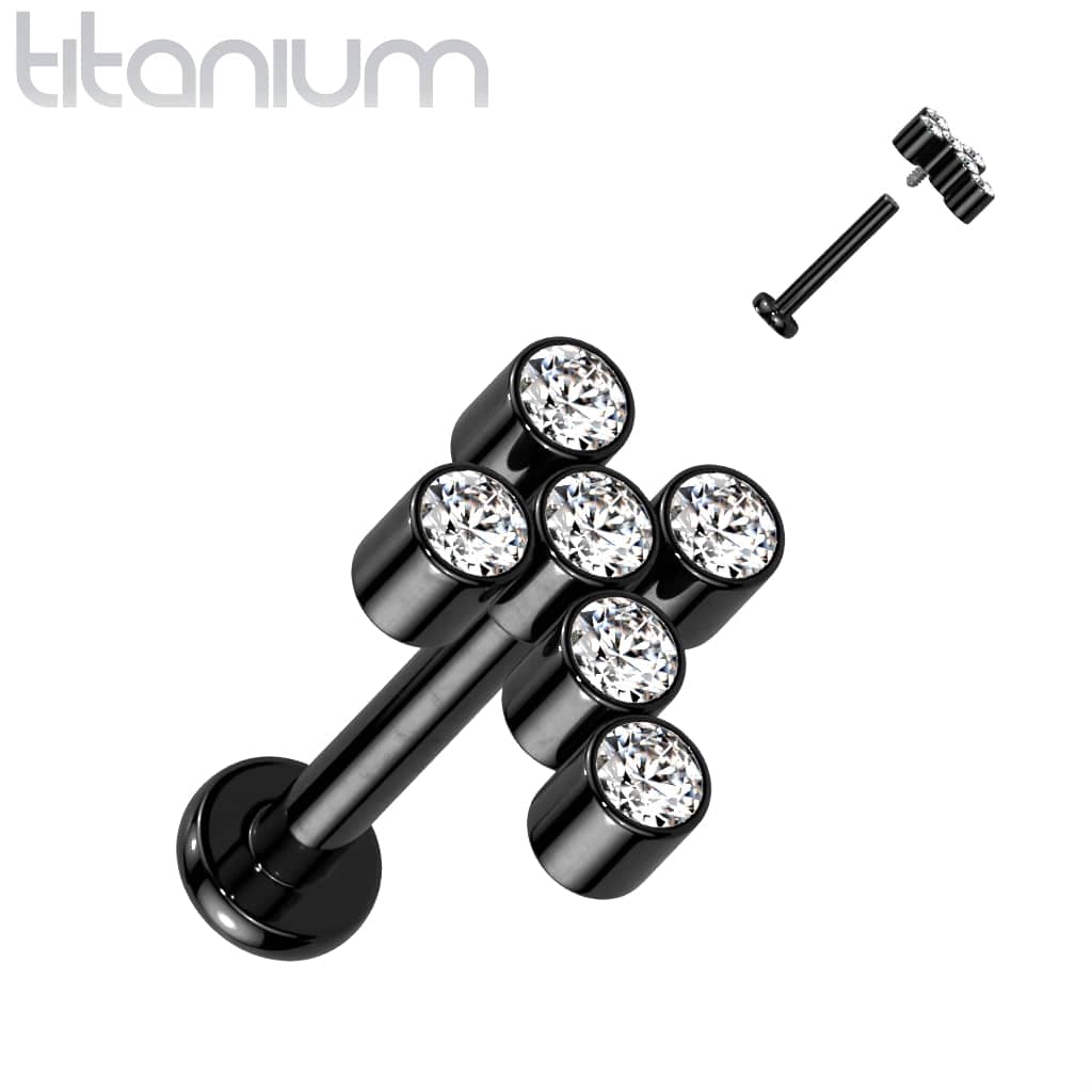 Labret aus Titan in Implantatqualität mit schwarzer PVD-Beschichtung und Innengewinde, weißes Kreuz