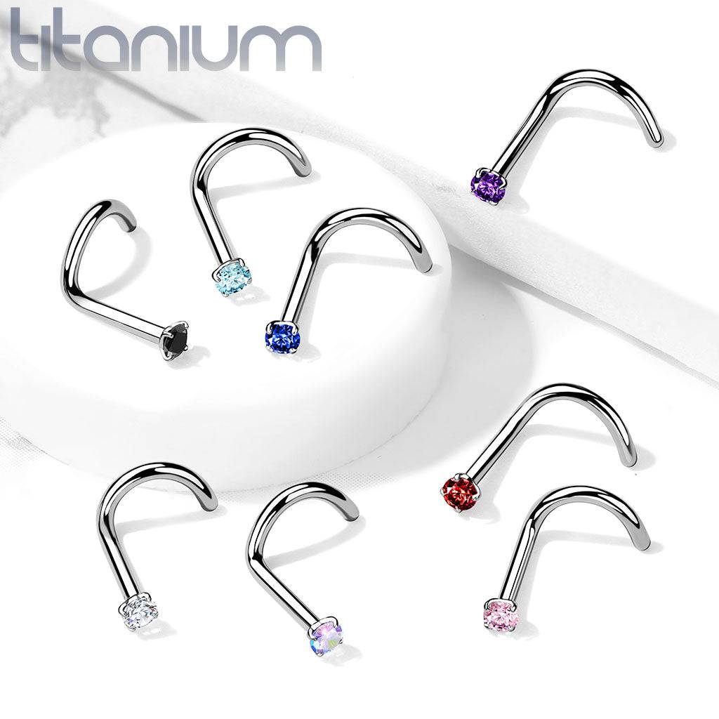 Implant Grade Titanium Corkscrew Nose Ring Stud Pink CZ With Prong