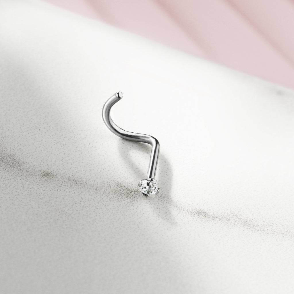 Implant Grade Titanium Corkscrew Nose Ring Stud with Prong White CZ Gem