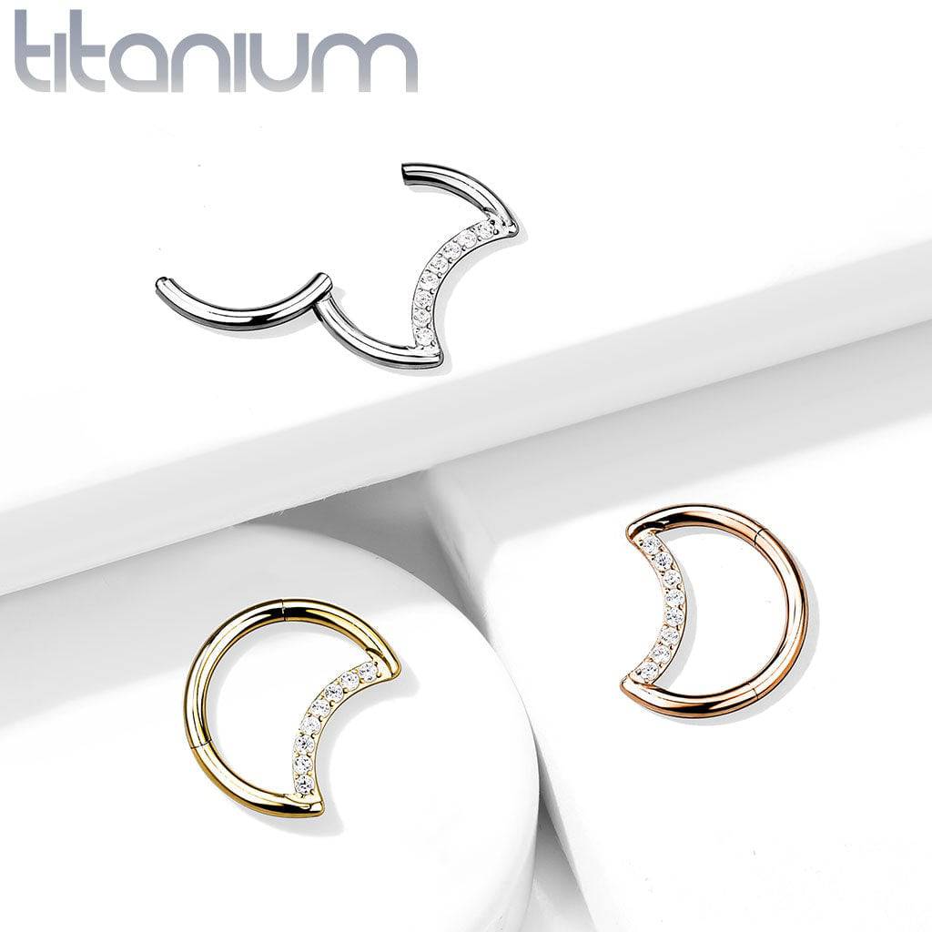 Implant Grade Titanium Crescent Moon Gold PVD White CZ Hinged Clicker Hoop Daith Cartilage Ring