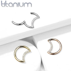 Implant Grade Titanium Crescent Moon White CZ Hinged Clicker Hoop Daith Cartilage Ring