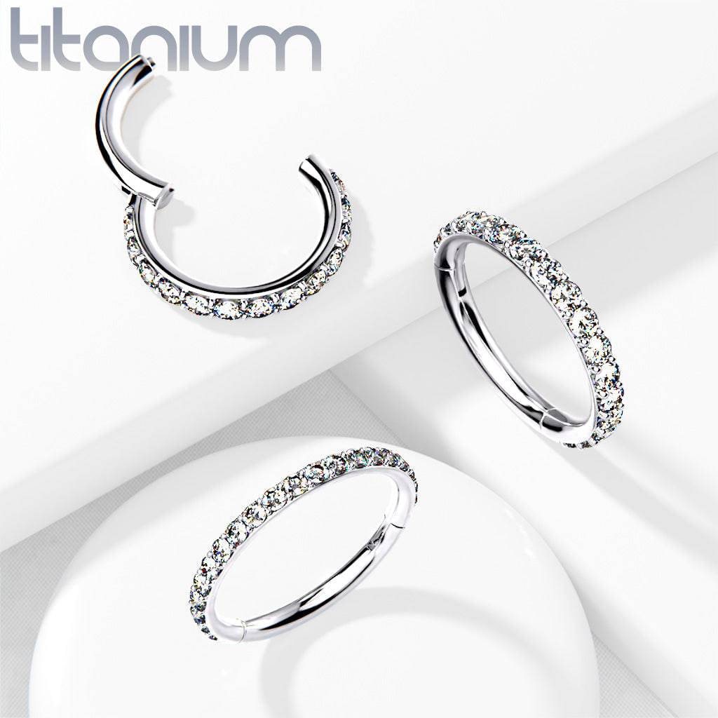 Implant Grade Titanium Easy Hinged White CZ Pave Clicker Hoop