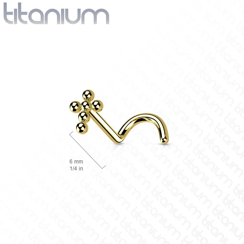 Implant Grade Titanium Gold PVD Corkscrew Beaded Cross Nose Stud Ring