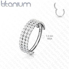 Implant Grade Titanium Gold PVD Triple Row White CZ Pave Hinged Clicker Hoop