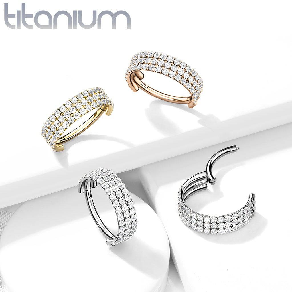 Implant Grade Titanium Gold PVD Triple Row White CZ Pave Hinged Clicker Hoop