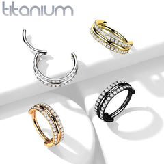 Implant Grade Titanium Gold PVD White CZ Double Line Plain Center Hinged Clicker Hoop