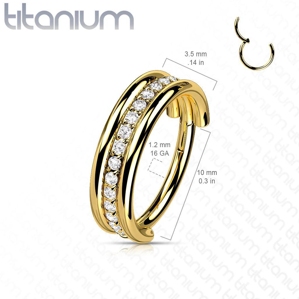 Implant Grade Titanium Gold PVD White CZ Pave Center Hinged Clicker Hoop