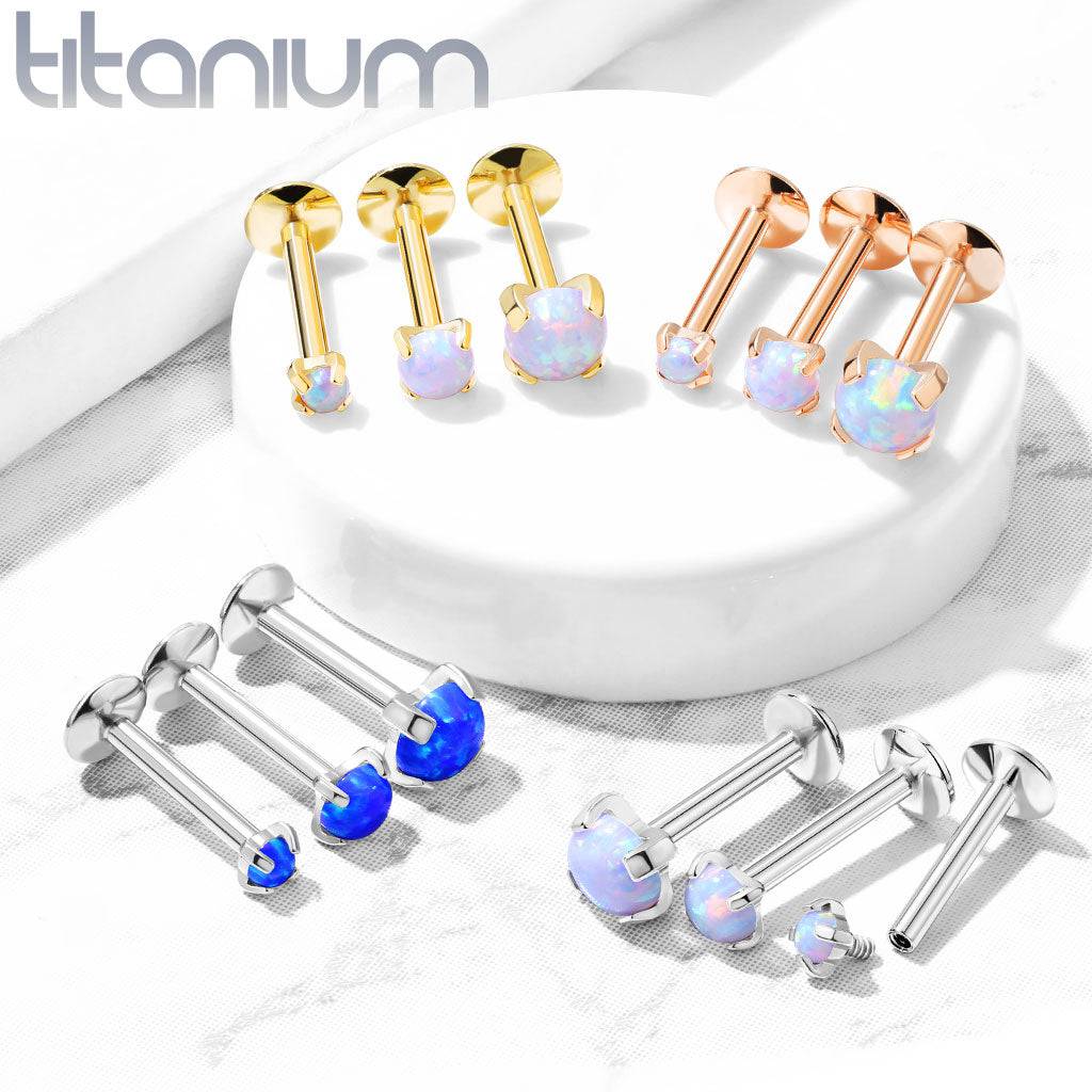 Implant Grade Titanium Gold PVD White Opal Flat Back Internally Threaded Labret Cartilage Tragus Ring