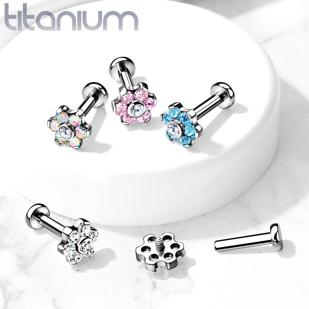 Implant Grade Titanium Internally Threaded Aurora Borealis CZ Flower Flat Back