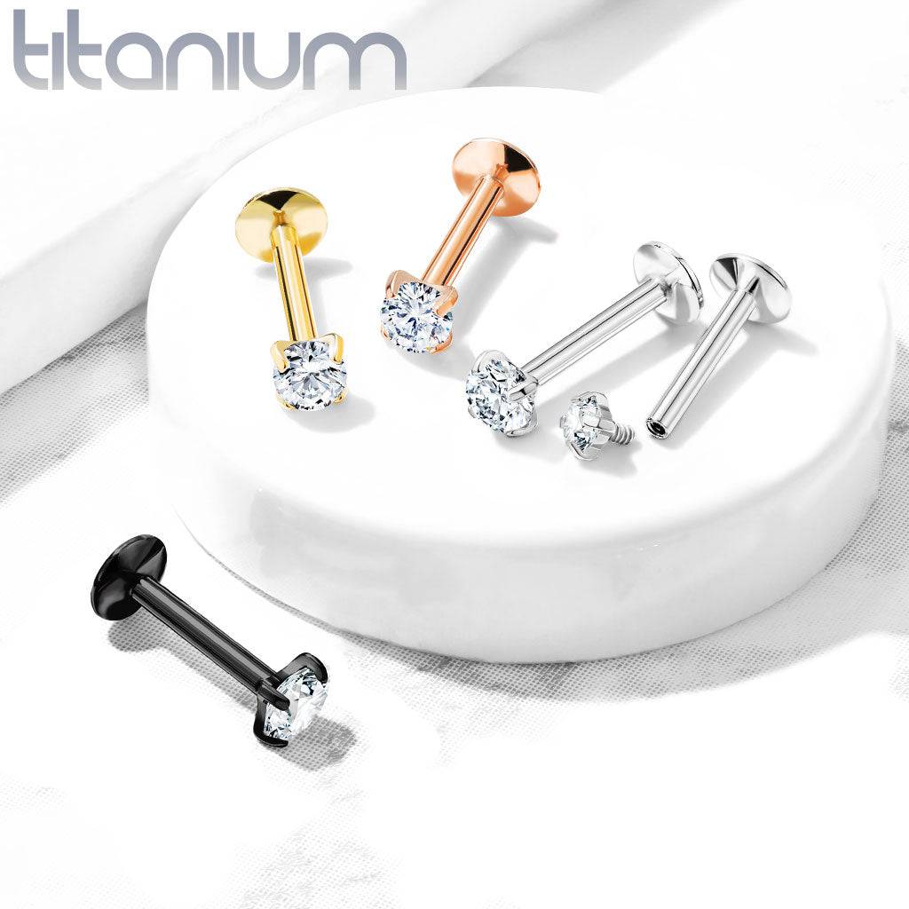 Implant Grade Titanium Internally Threaded Black PVD Plated White CZ Labret