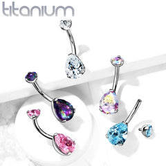 Implant Grade Titanium Internally Threaded Pear Tear Drop Pink CZ Belly Ring