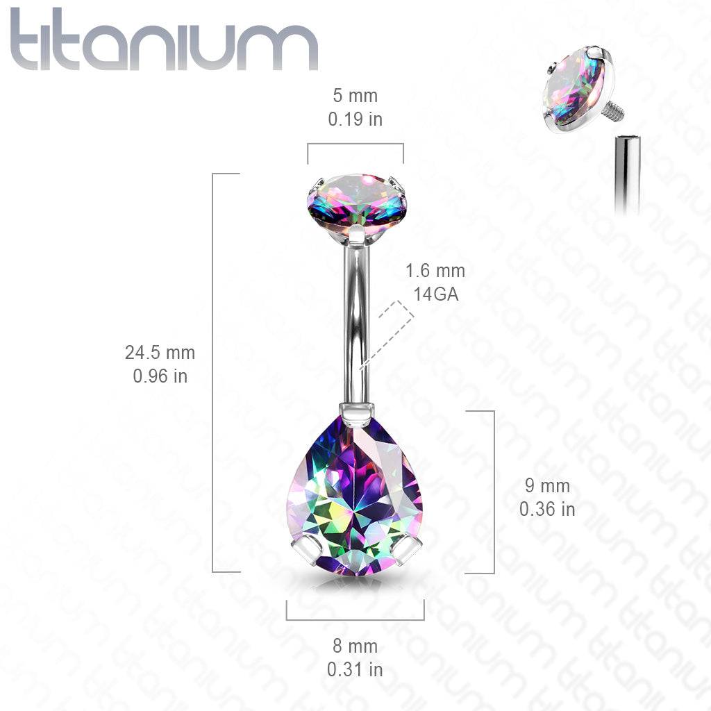 Implant Grade Titanium Internally Threaded Pear Tear Drop Vitrail Medium CZ Belly Ring