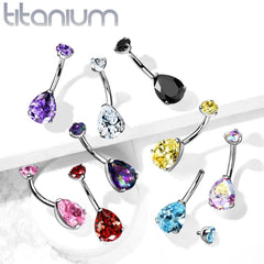 Implant Grade Titanium Internally Threaded Pear Teardrop Purple CZ Belly Ring