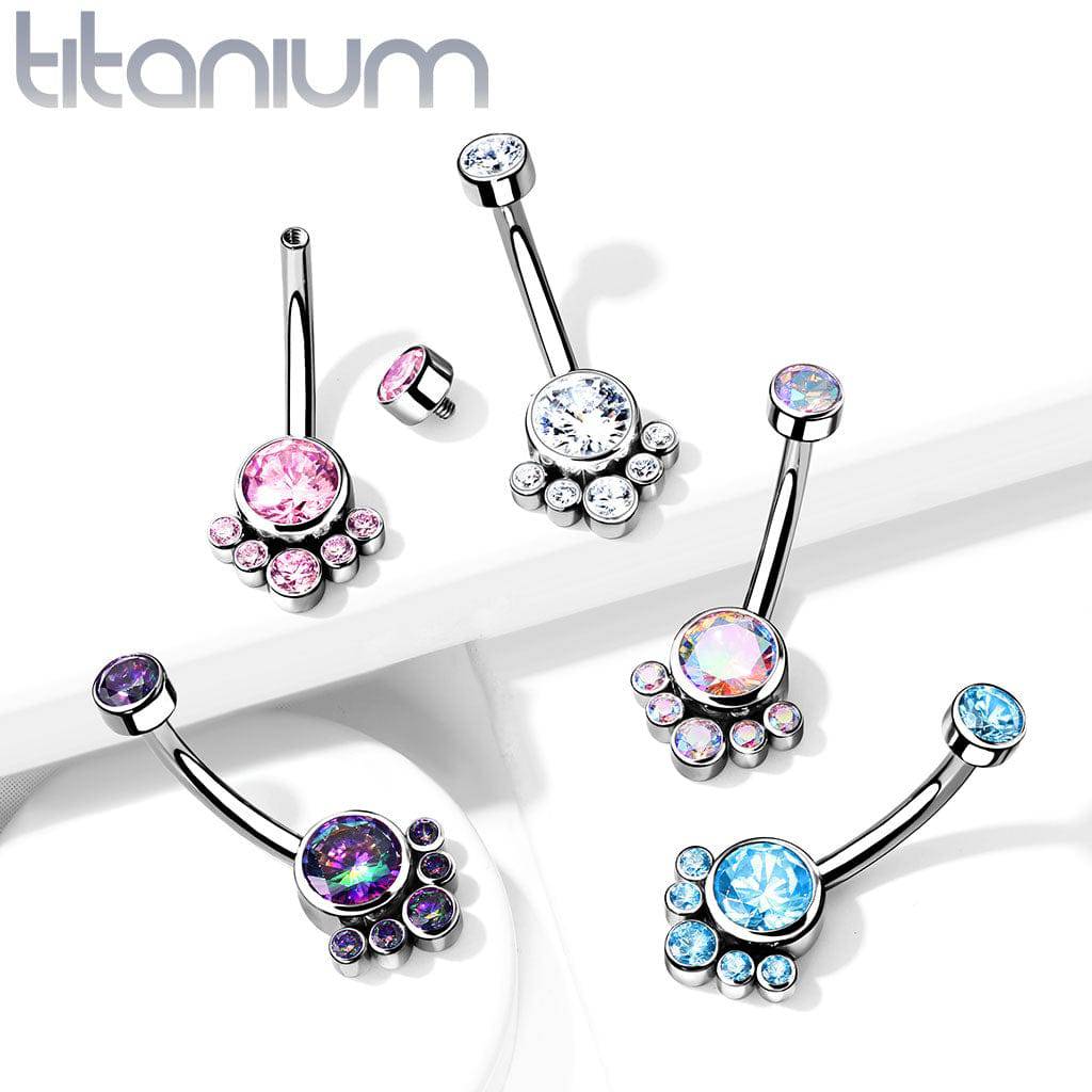 Implant Grade Titanium Internally Threaded Pink CZ Bezel Cluster Belly Ring