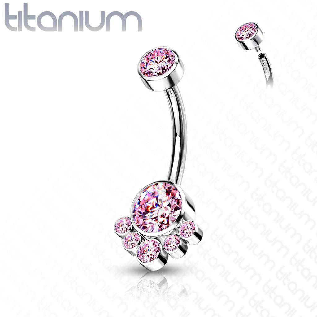 Implant Grade Titanium Internally Threaded Pink CZ Bezel Cluster Belly Ring