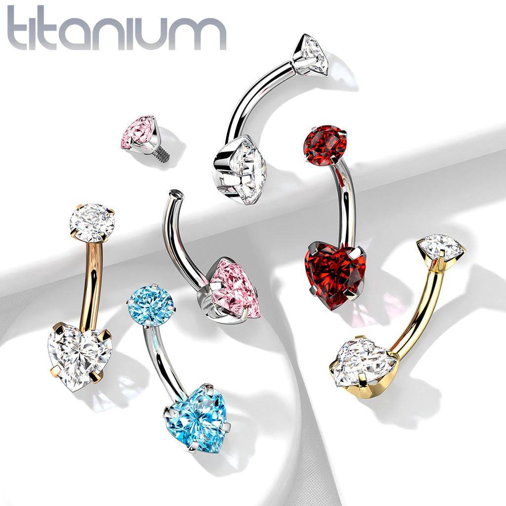 Implant Grade Titanium Internally Threaded Red Heart CZ Belly Ring