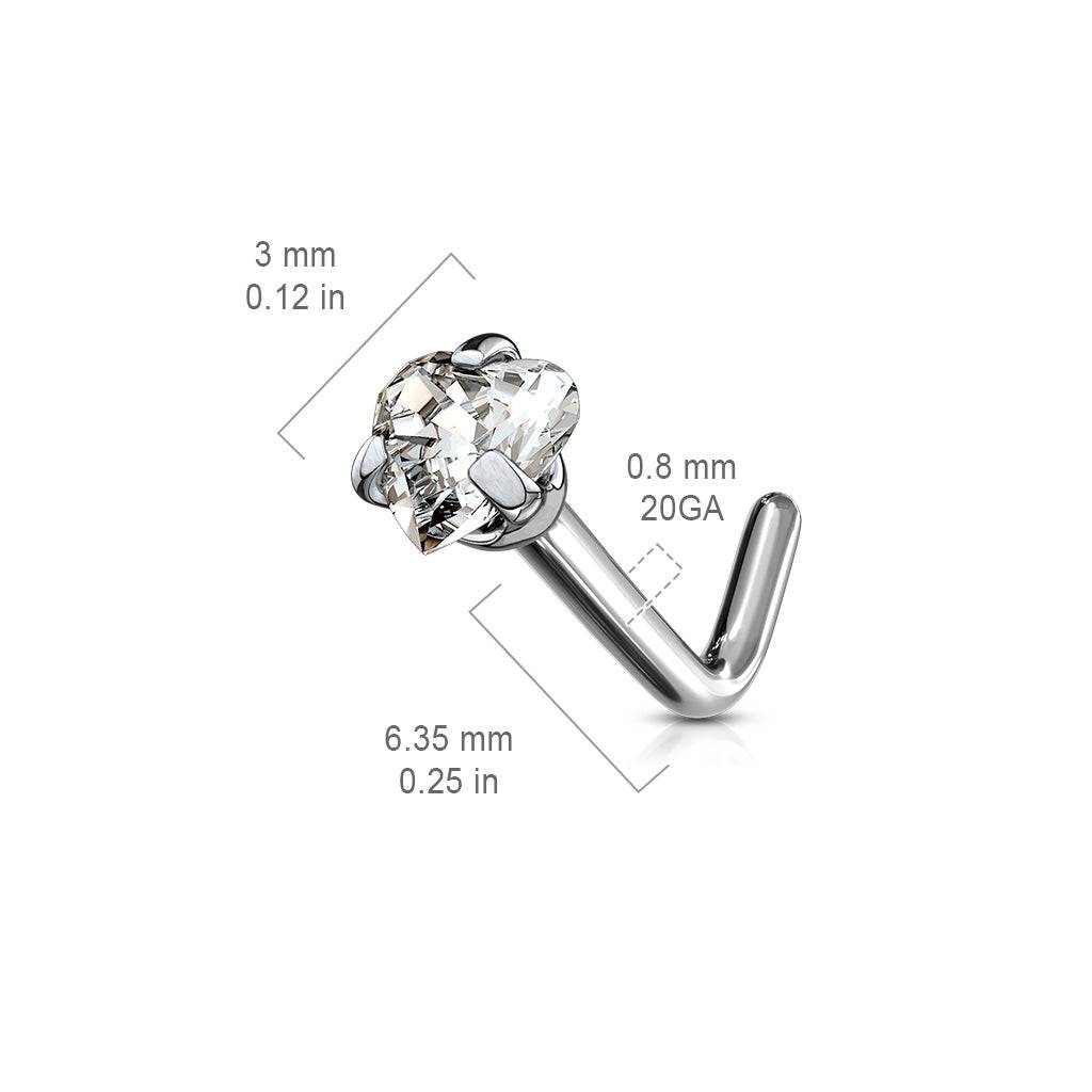 Implant Grade Titanium L Shape Heart CZ Prong Nose Stud