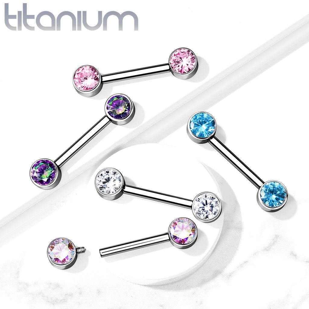 Implant Grade Titanium Nipple Barbell With Internally Threaded Aurora Borealis CZ Gems