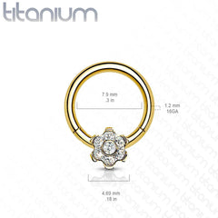 Implant Grade Titanium Rose Gold PVD White CZ Gem Flower Hinged Clicker Hoop