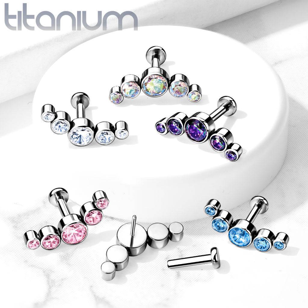 Implant Grade Titanium Threadless Push In Cartilage 5 Gem Curved Aurora Borealis CZ Gems With Flat Back