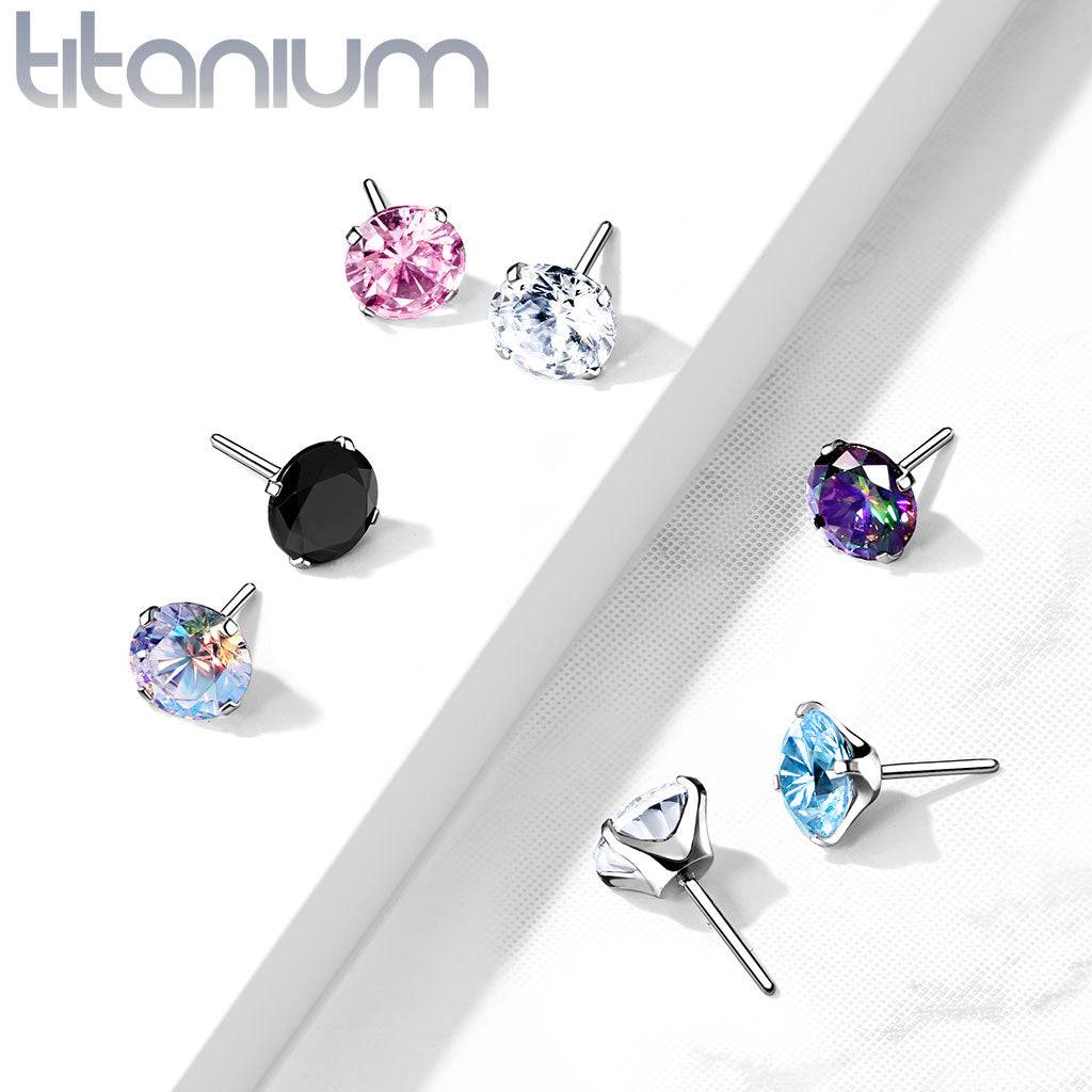 Implant Grade Titanium Threadless Push In Flat Back Aurora Borealis Prong CZ Nose Ring Stud