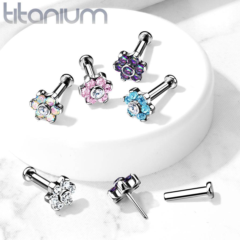 Implant Grade Titanium Threadless Push In Nose Ring Pink CZ Flower With Flat Back